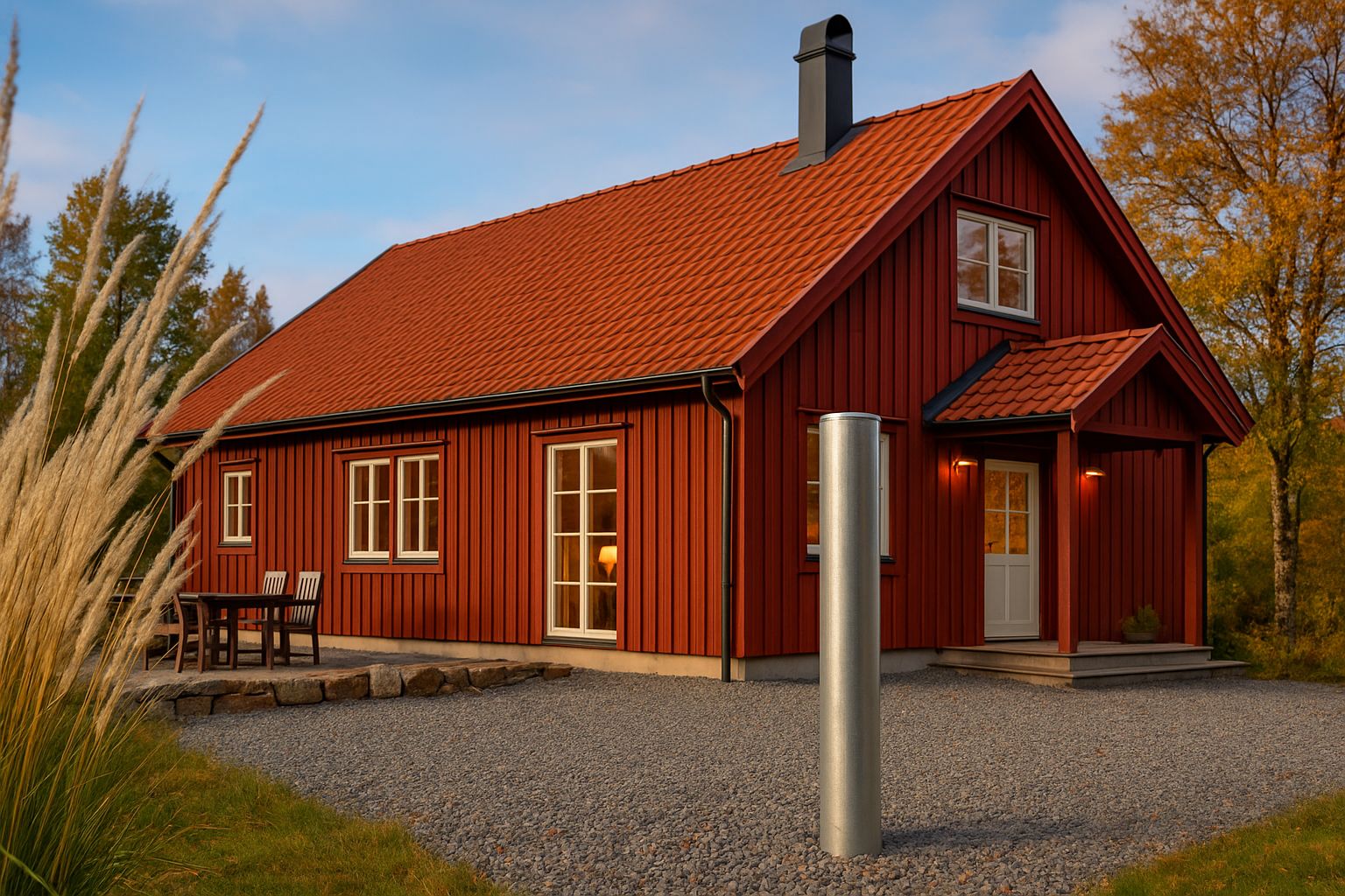 Villa med grön gräsmatta och borrhål för bergvärme nära husgrunden.