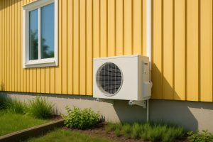 Bergvärmepump utomhus enhet installerad på villafasad med trädgård